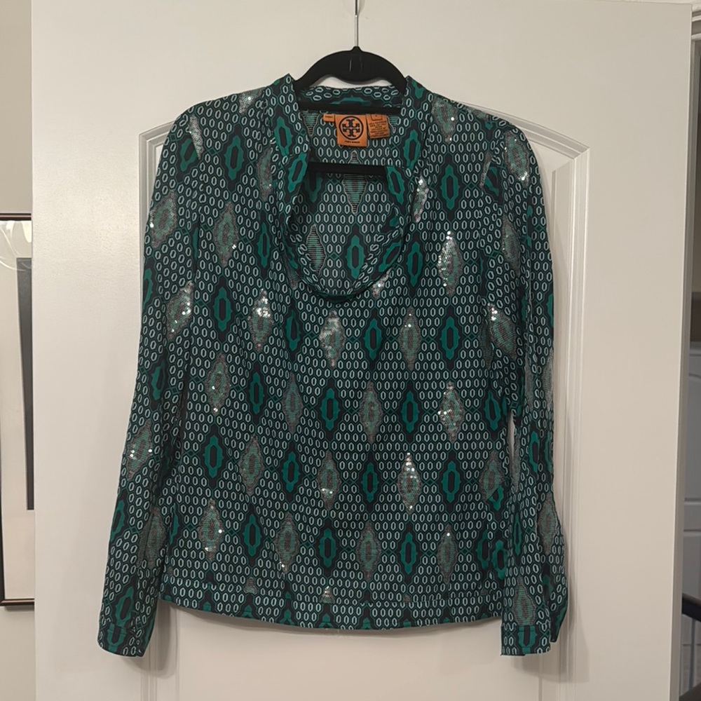 Tory Burch Blue Graphic Long Sleeve Blouse